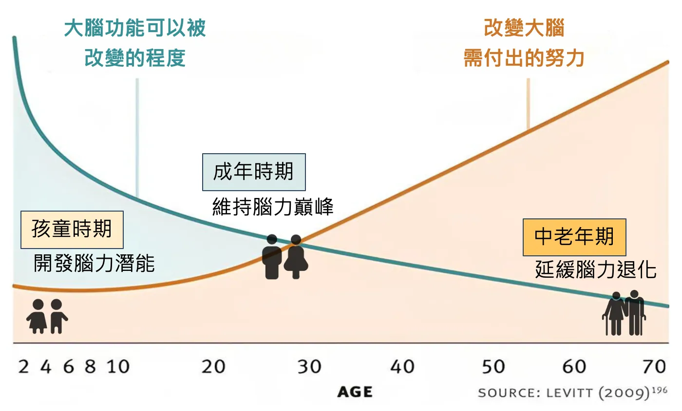 大腦可塑性與年齡的關係圖:大腦可被改變的程度隨年齡下降,改變所需付出的努力隨年齡上升