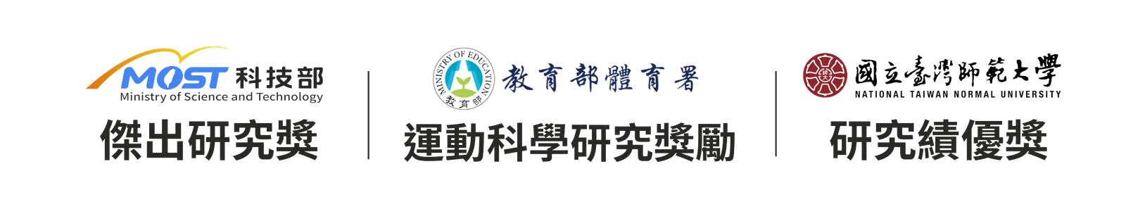 科技部傑出研究獎、教育部體育署運動科學研究獎勵、國立臺灣師範大學研究績優獎